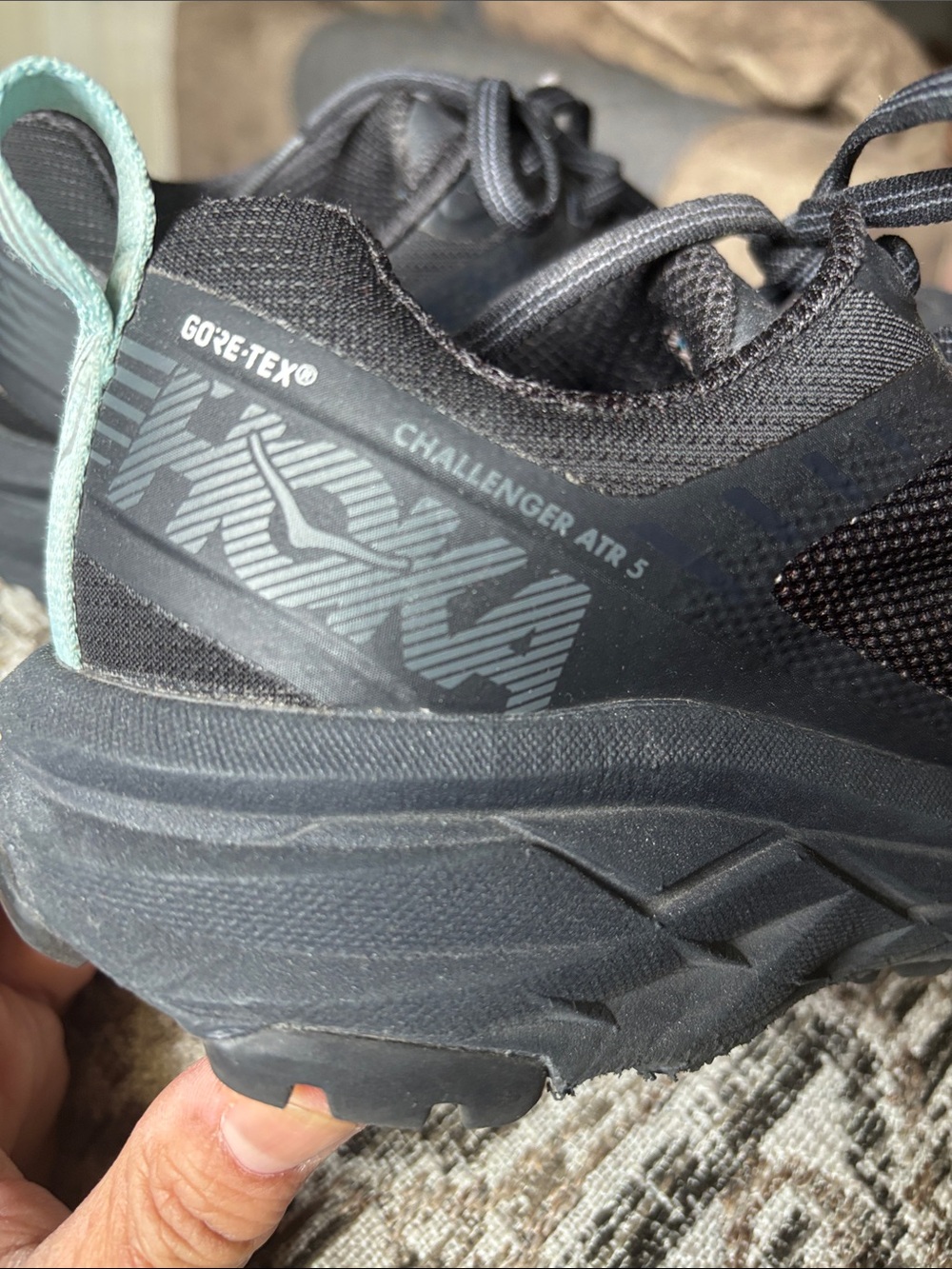 Hoka Challenger ATR 5 Gore‑Tex Women's Trail Shoe - Black with Teal Pull Tab